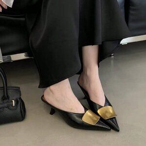 Fashionable Women's Metal Buckle Pointed Toe Thin Black kitten Heel mule Sandals